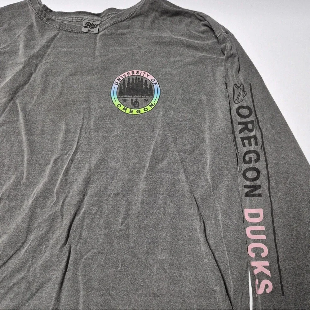 University of Oregon Ducks Long Sleeve T-Shirt Grey Vintage Wash Blue 84 XL EUC